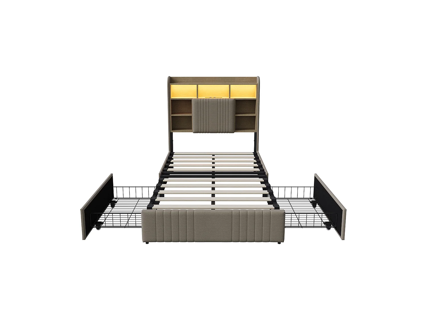 Lit Enfant 90x200 avec 2 Tiroirs, Lit Simple avec Éclairage LED et USB, Tete de Lits avec Compartiment de Rangement, Cadre de Lit pour Adult, Beige