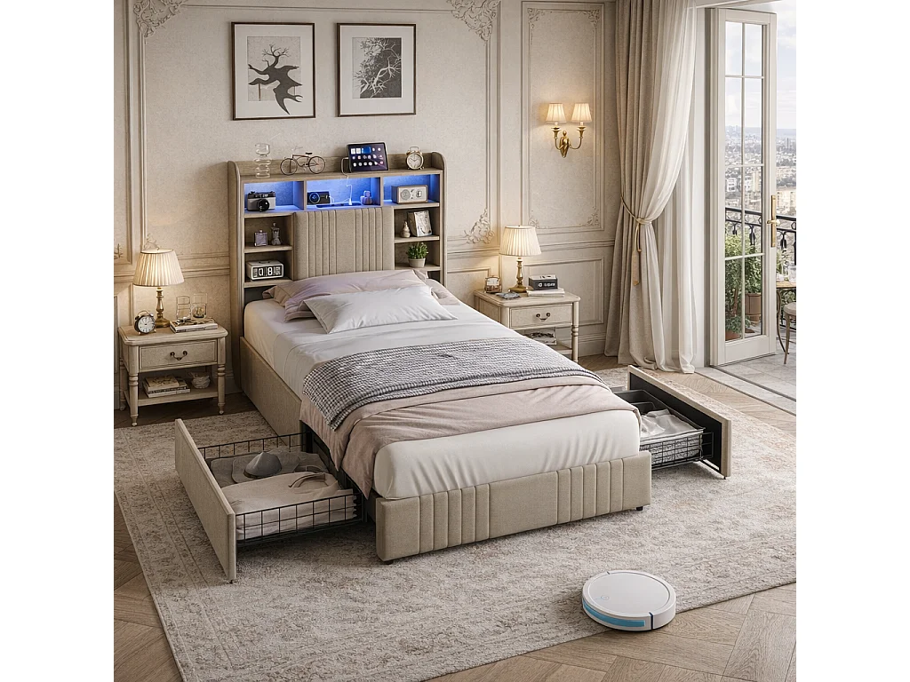 Lit Enfant 90x200 avec 2 Tiroirs, Lit Simple avec Éclairage LED et USB, Tete de Lits avec Compartiment de Rangement, Cadre de Lit pour Adult, Beige