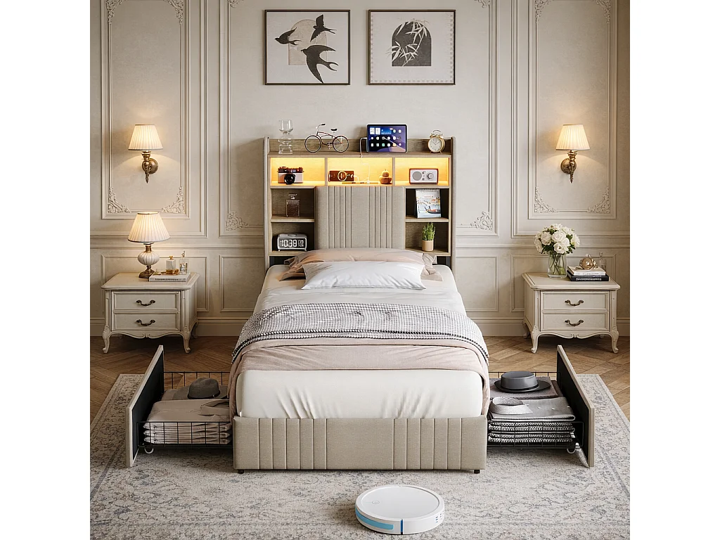 Lit Enfant 90x200 avec 2 Tiroirs, Lit Simple avec Éclairage LED et USB, Tete de Lits avec Compartiment de Rangement, Cadre de Lit pour Adult, Beige