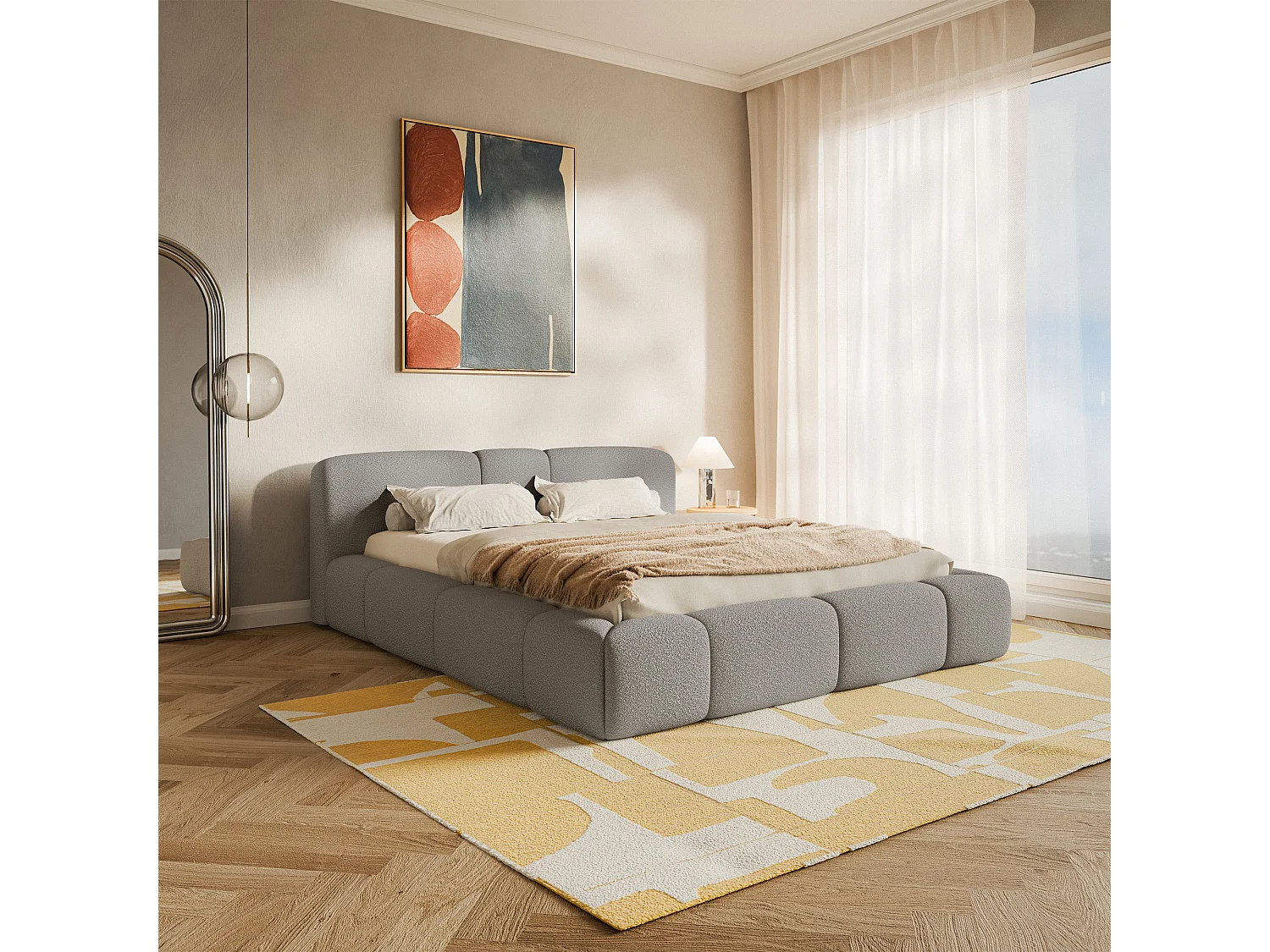 Polsterbett 200x200 cm – Bettkasten – Bouclé Hellgrau – BOWIA