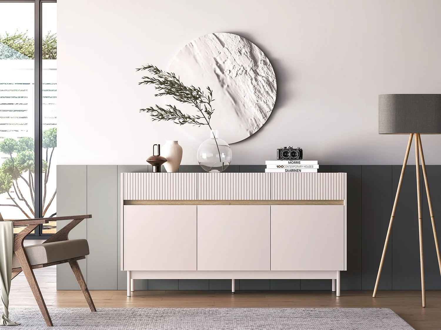 Sideboard mit 3 Schubladen – Kaschmirgrau/Eichenholzoptik – 154 cm – DUNEA