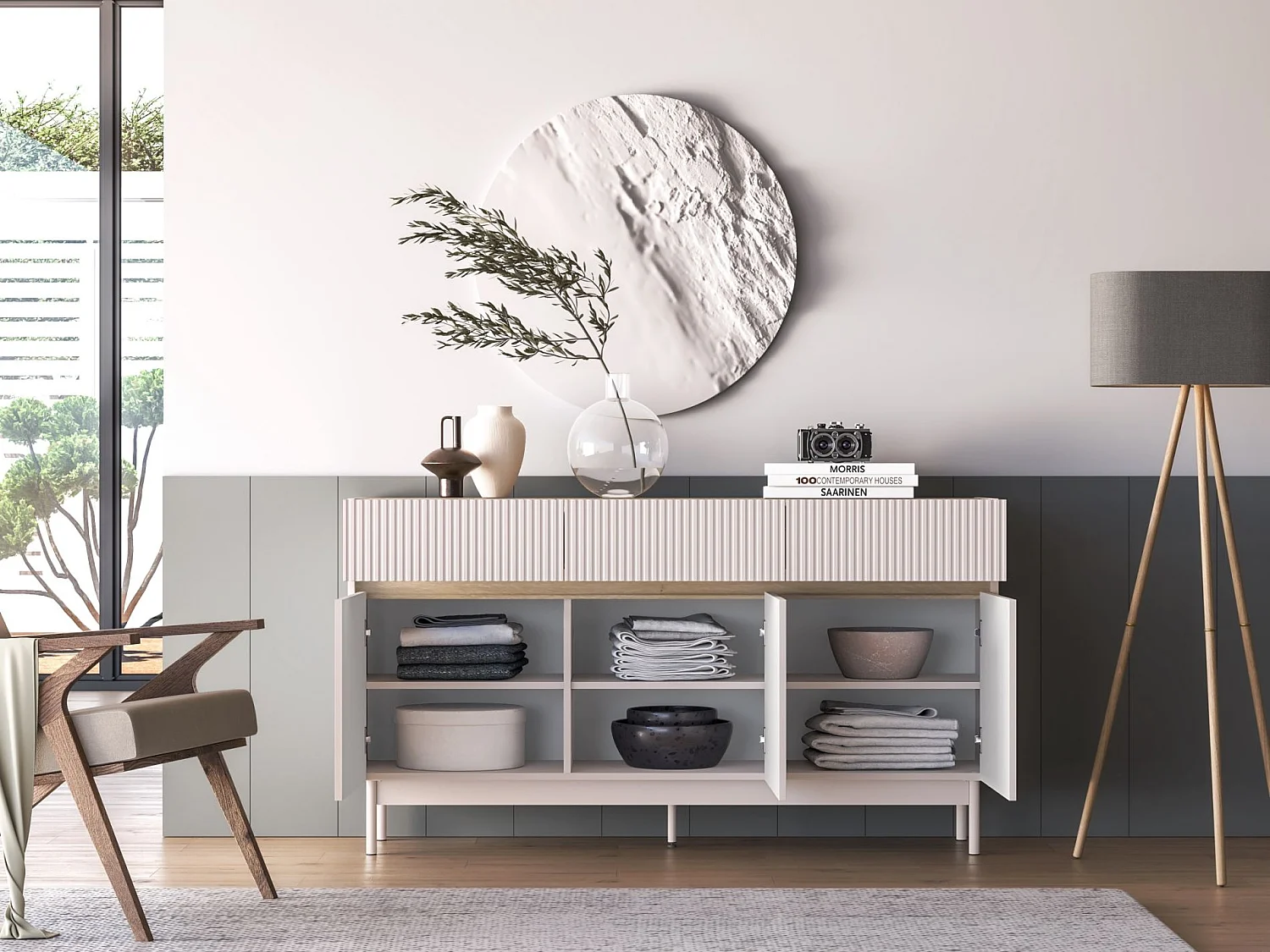 Sideboard mit 3 Schubladen – Kaschmirgrau/Eichenholzoptik – 154 cm – DUNEA