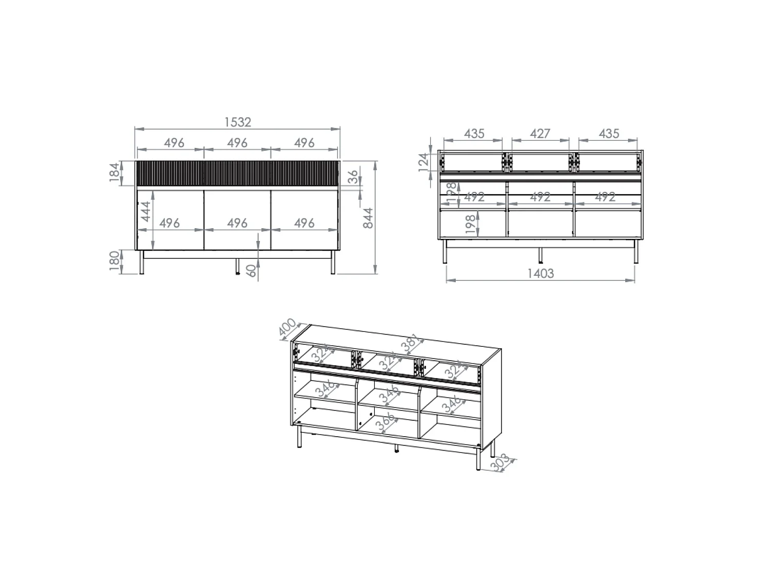 Sideboard mit 3 Schubladen – Kaschmirgrau/Eichenholzoptik – 154 cm – DUNEA