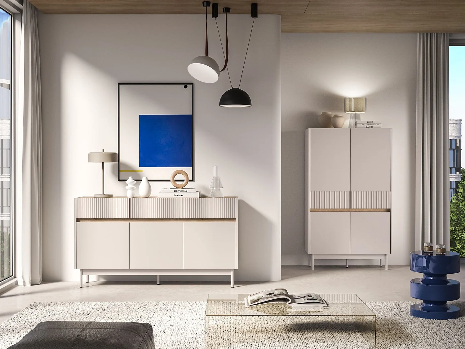 Sideboard mit 3 Schubladen – Kaschmirgrau/Eichenholzoptik – 154 cm – DUNEA
