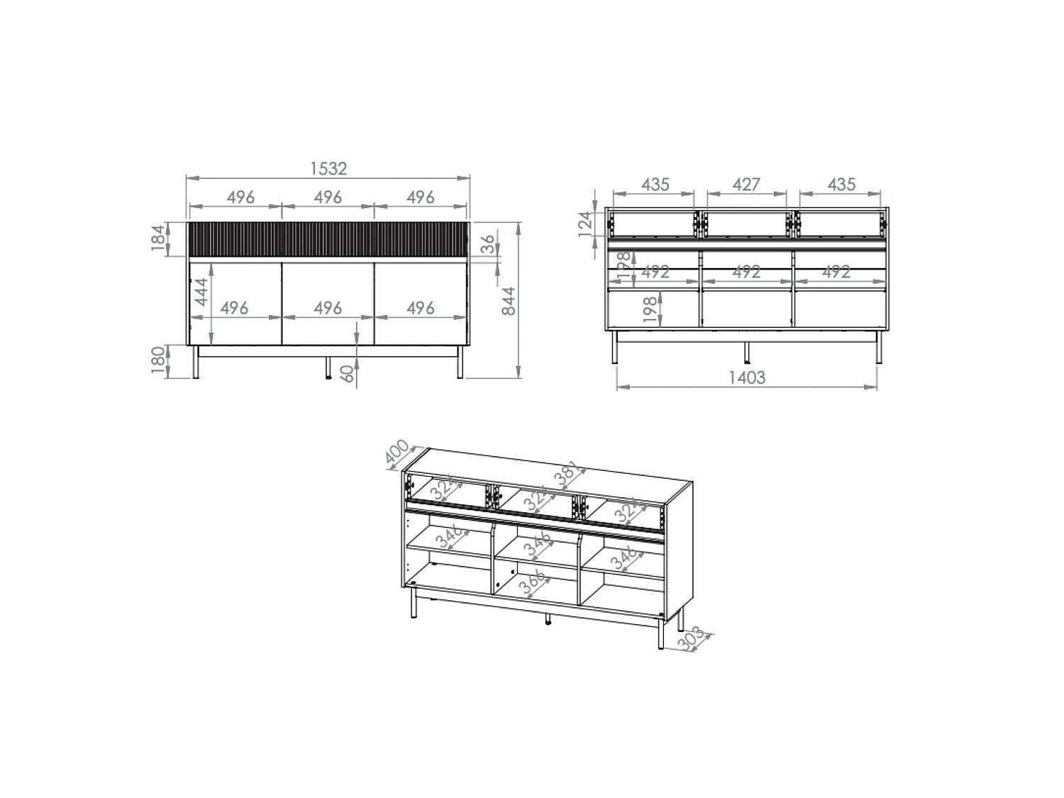 Buffet 3 portes avec 3 tiroirs – Gris cachemire/aspect chêne – 154 cm – DUNEA