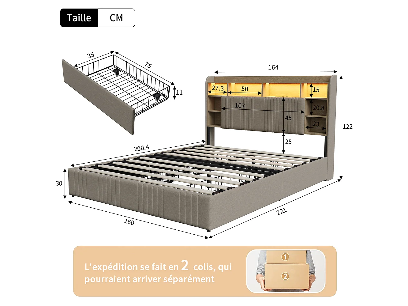 Lit Adult 160x200 avec LED et USB, Lit Double avec 2 Tiroirs et Tête de Lit de Rangement, Cadre de Lit Capitonnée pour Adultes et Adolescents, Beige