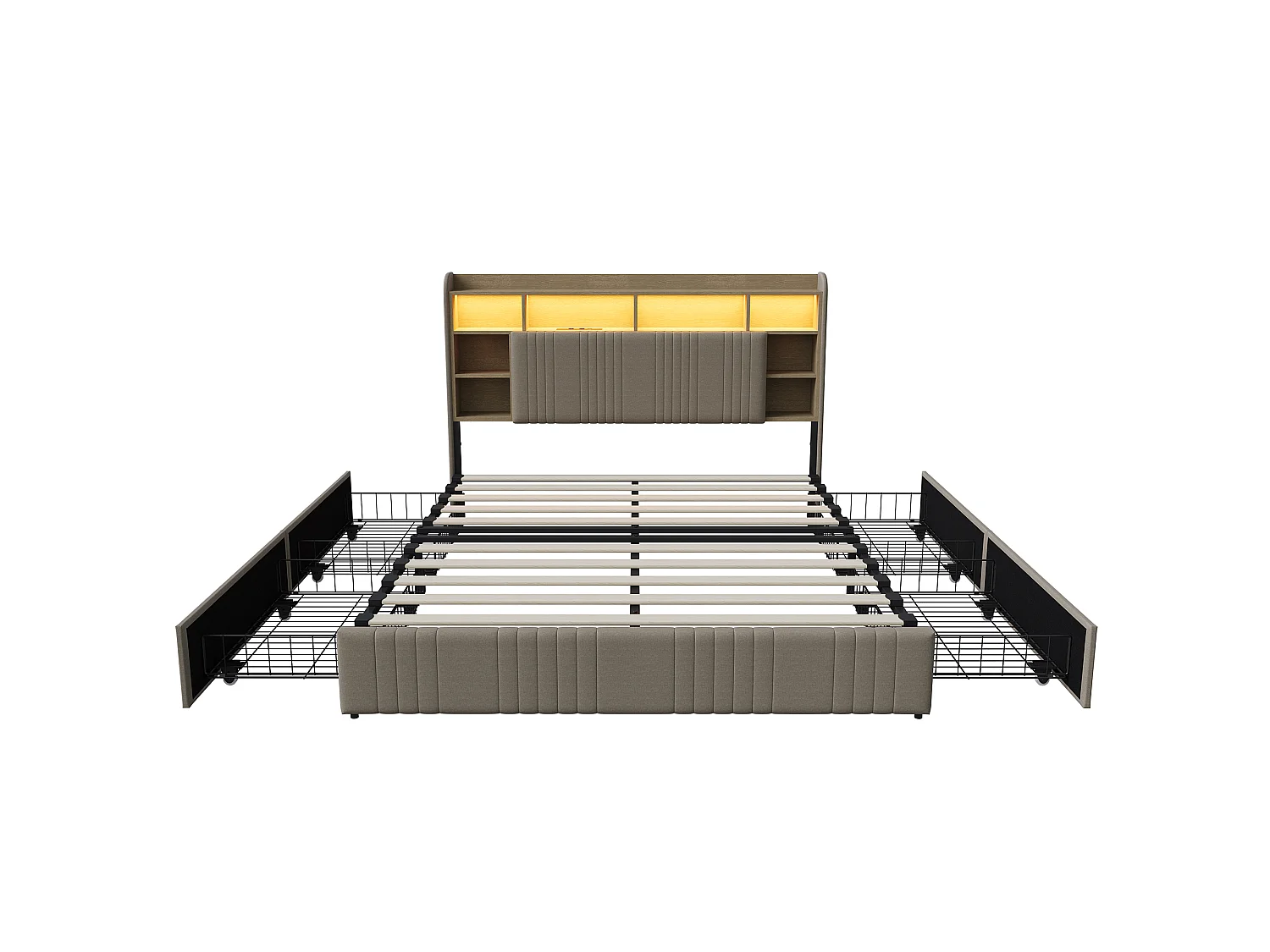 Lit Adult 160x200 avec LED et USB, Lit Double avec 2 Tiroirs et Tête de Lit de Rangement, Cadre de Lit Capitonnée pour Adultes et Adolescents, Beige