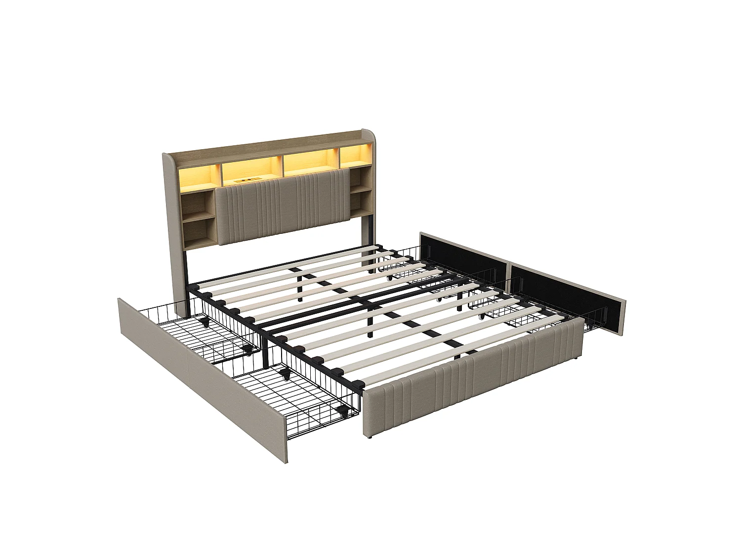 Lit Adult 160x200 avec LED et USB, Lit Double avec 2 Tiroirs et Tête de Lit de Rangement, Cadre de Lit Capitonnée pour Adultes et Adolescents, Beige
