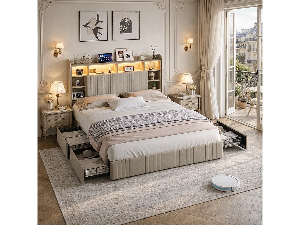 Lit Adult 160x200 avec LED et USB, Lit Double avec 2 Tiroirs et Tête de Lit de Rangement, Cadre de Lit Capitonnée pour Adultes et Adolescents, Beige