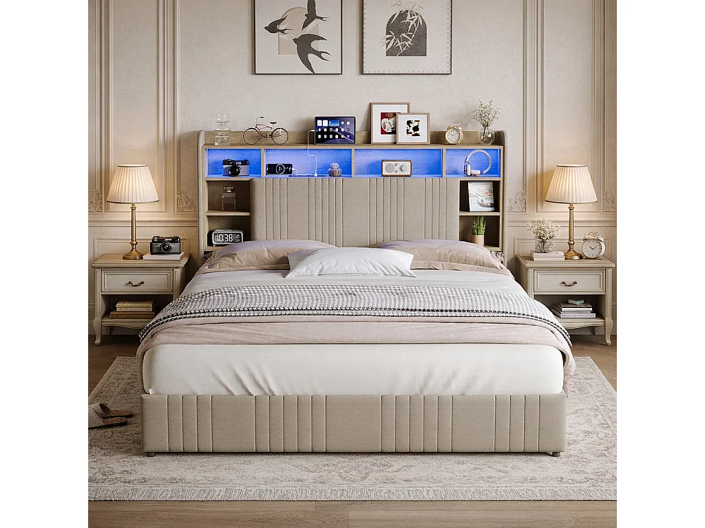 Lit Adult 160x200 avec LED et USB, Lit Double avec 2 Tiroirs et Tête de Lit de Rangement, Cadre de Lit Capitonnée pour Adultes et Adolescents, Beige