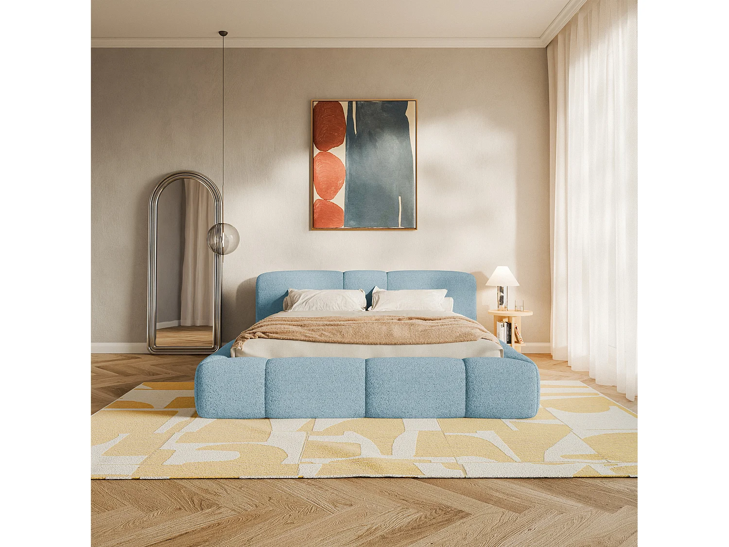 Polsterbett 200x200 cm – Bettkasten – Plüsch Blau – BOWIA