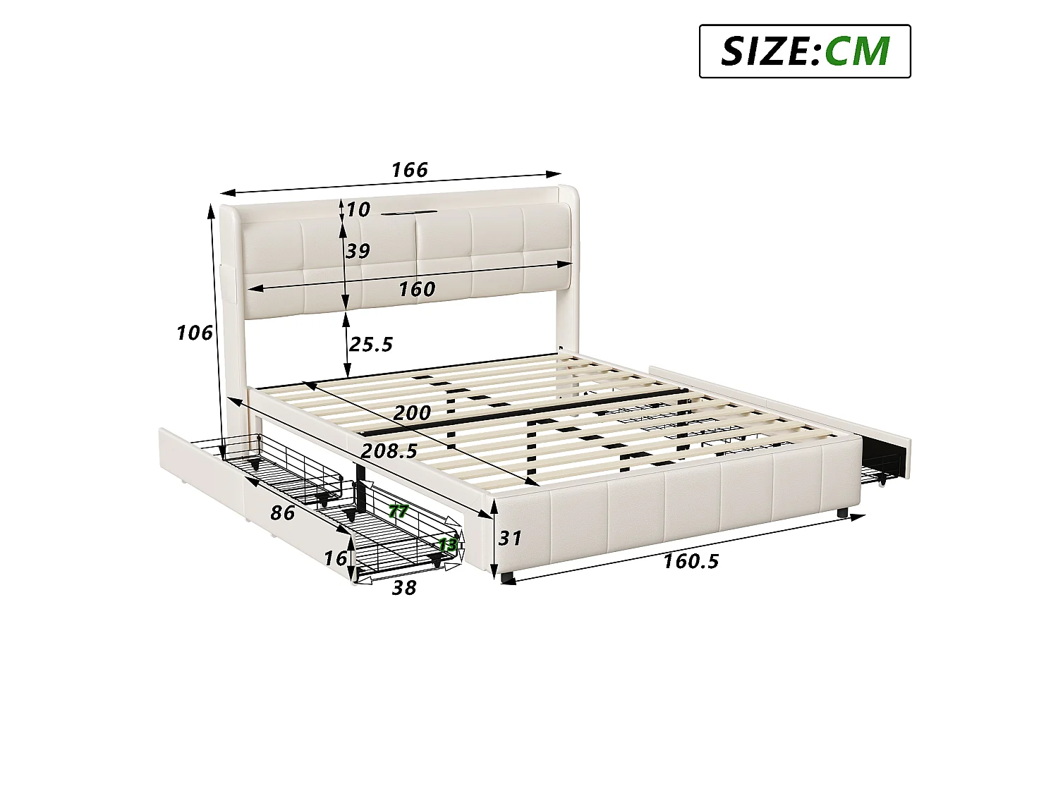 Lit 160x200 avec Sommier et Rangement,Cadre de Lit avec Charge USB, Lit Double Capitonné avec 4 Tiroirs, Facile à Assembler, PU, sans Matelas, Blanc