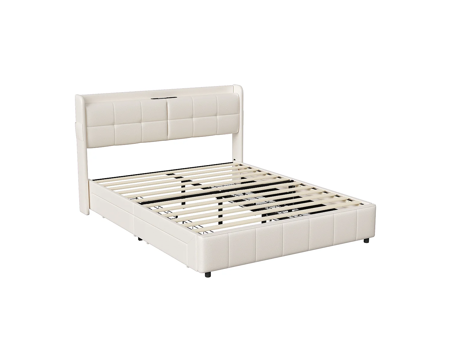 Lit 160x200 avec Sommier et Rangement,Cadre de Lit avec Charge USB, Lit Double Capitonné avec 4 Tiroirs, Facile à Assembler, PU, sans Matelas, Blanc