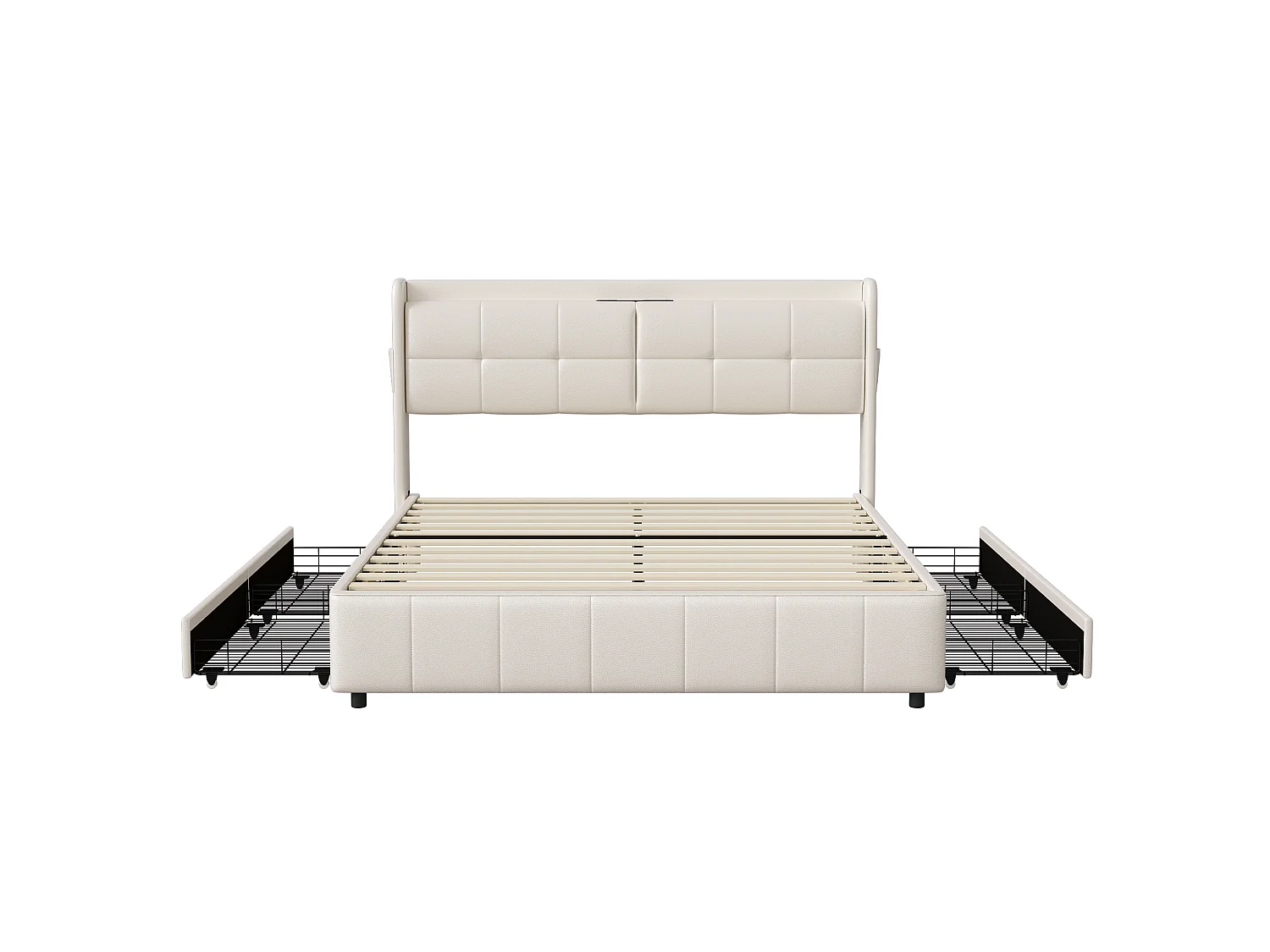 Lit 160x200 avec Sommier et Rangement,Cadre de Lit avec Charge USB, Lit Double Capitonné avec 4 Tiroirs, Facile à Assembler, PU, sans Matelas, Blanc