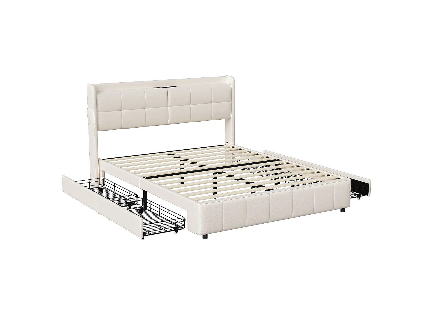 Lit 160x200 avec Sommier et Rangement,Cadre de Lit avec Charge USB, Lit Double Capitonné avec 4 Tiroirs, Facile à Assembler, PU, sans Matelas, Blanc