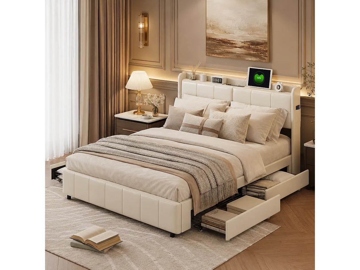Lit 160x200 avec Sommier et Rangement,Cadre de Lit avec Charge USB, Lit Double Capitonné avec 4 Tiroirs, Facile à Assembler, PU, sans Matelas, Blanc