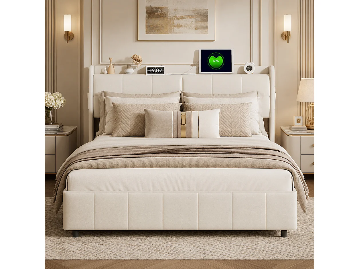 Lit 160x200 avec Sommier et Rangement,Cadre de Lit avec Charge USB, Lit Double Capitonné avec 4 Tiroirs, Facile à Assembler, PU, sans Matelas, Blanc
