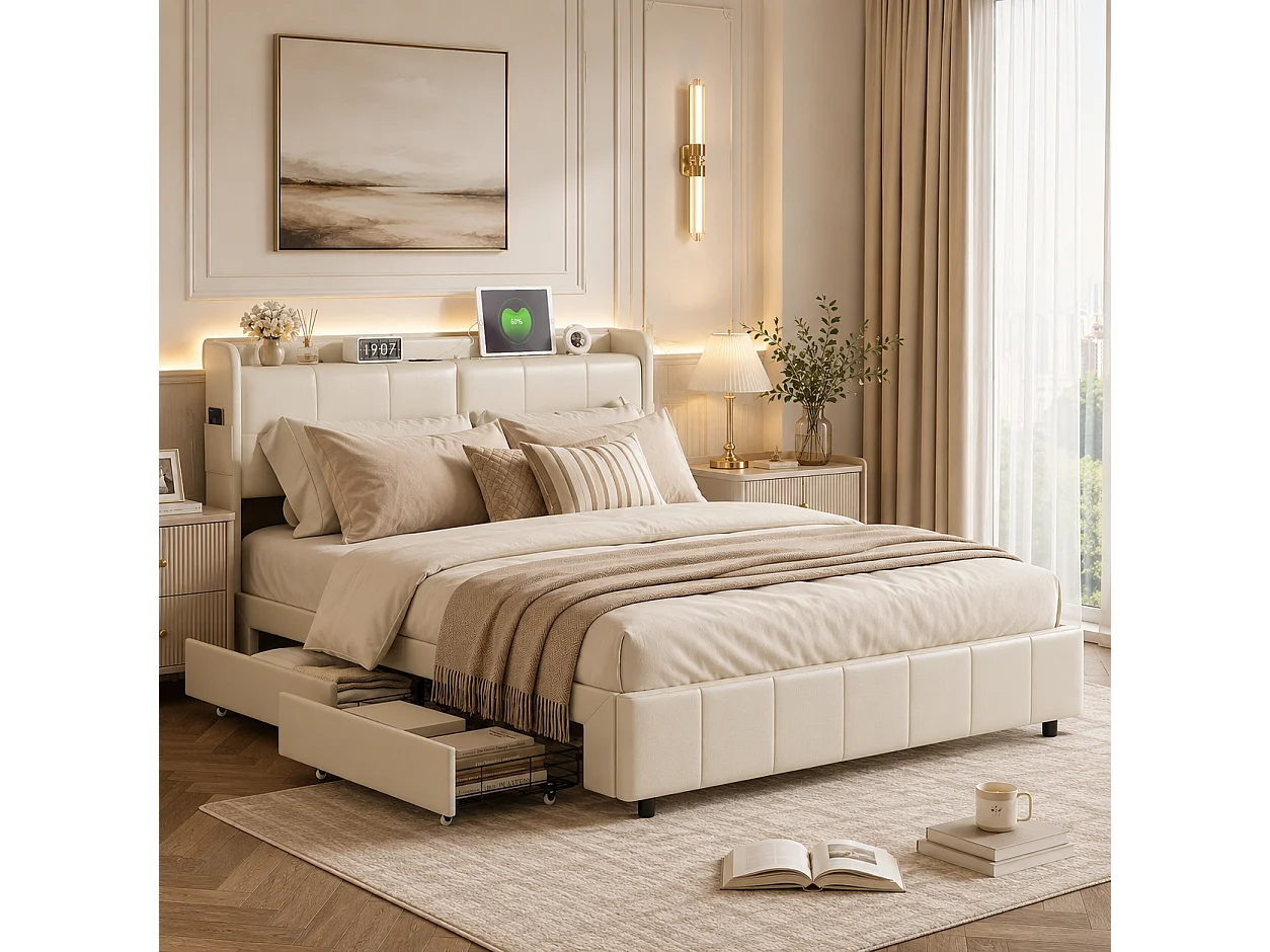 Lit 160x200 avec Sommier et Rangement,Cadre de Lit avec Charge USB, Lit Double Capitonné avec 4 Tiroirs, Facile à Assembler, PU, sans Matelas, Blanc