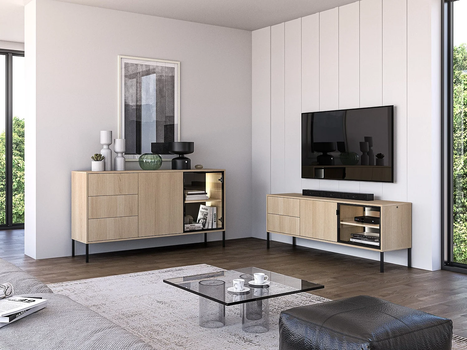 Buffet 2 portes avec LED – 3 titoirs – chêne – 160 cm – BARNEE
