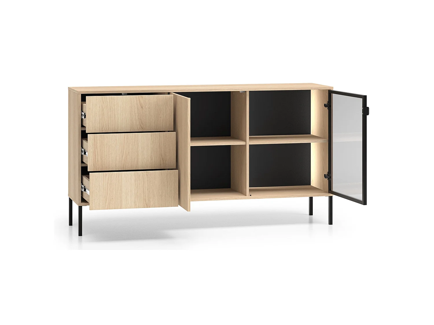 Buffet 2 portes avec LED – 3 titoirs – chêne – 160 cm – BARNEE