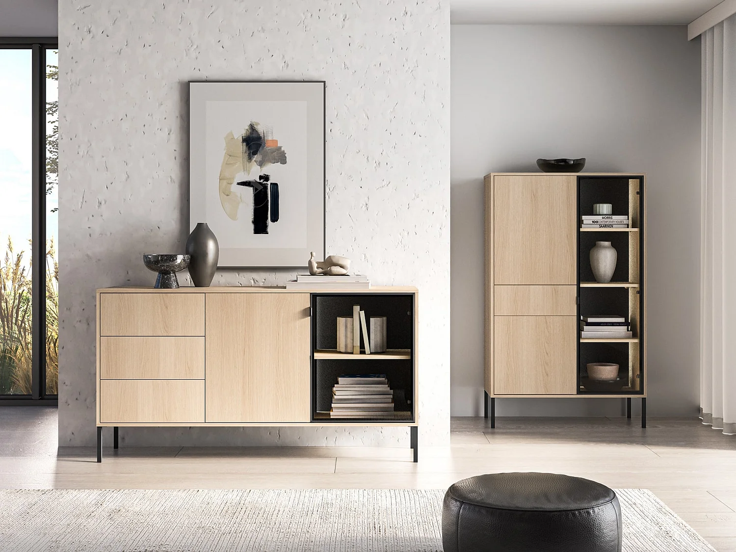 Buffet 2 portes avec LED – 3 titoirs – chêne – 160 cm – BARNEE