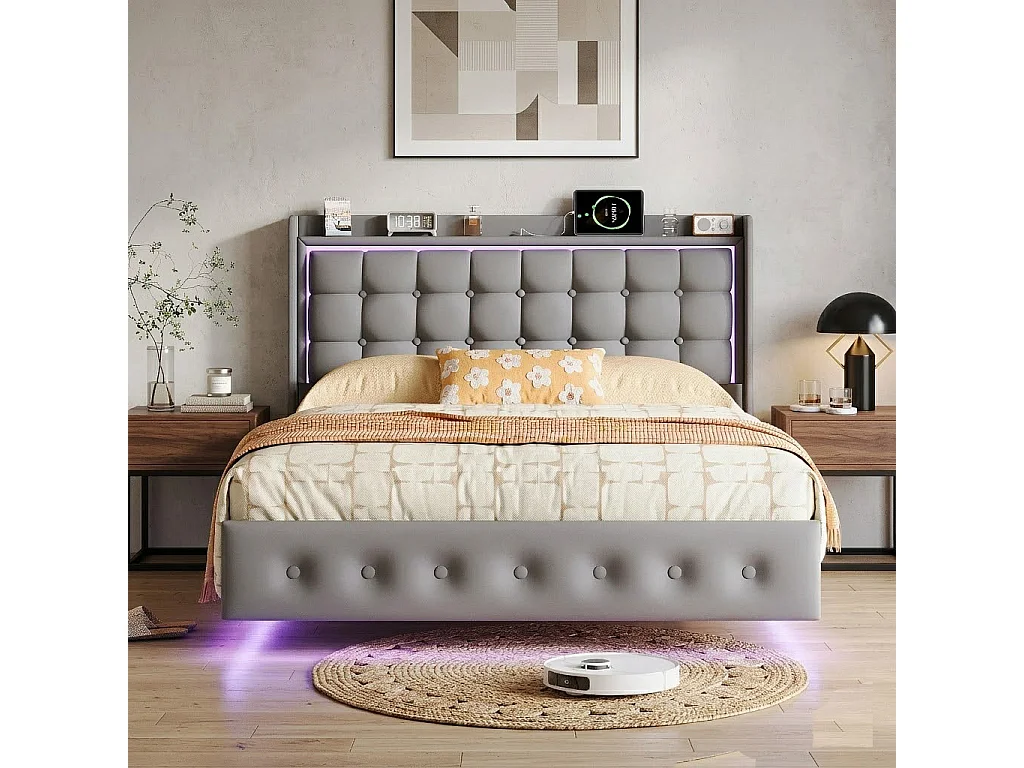 Lit Double 140x200 cm, Cadre de Lit adulte, Cadre Flottant avec LED et Ports USB, Tête de lit Rembourrée avec Espace de Rangement Ouvert, Gris