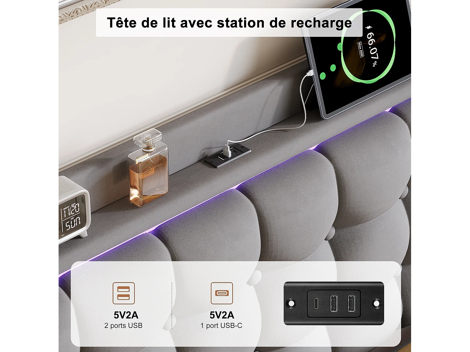 Lit Double 140x200 cm, Cadre de Lit adulte, Cadre Flottant avec LED et Ports USB, Tête de lit Rembourrée avec Espace de Rangement Ouvert, Gris