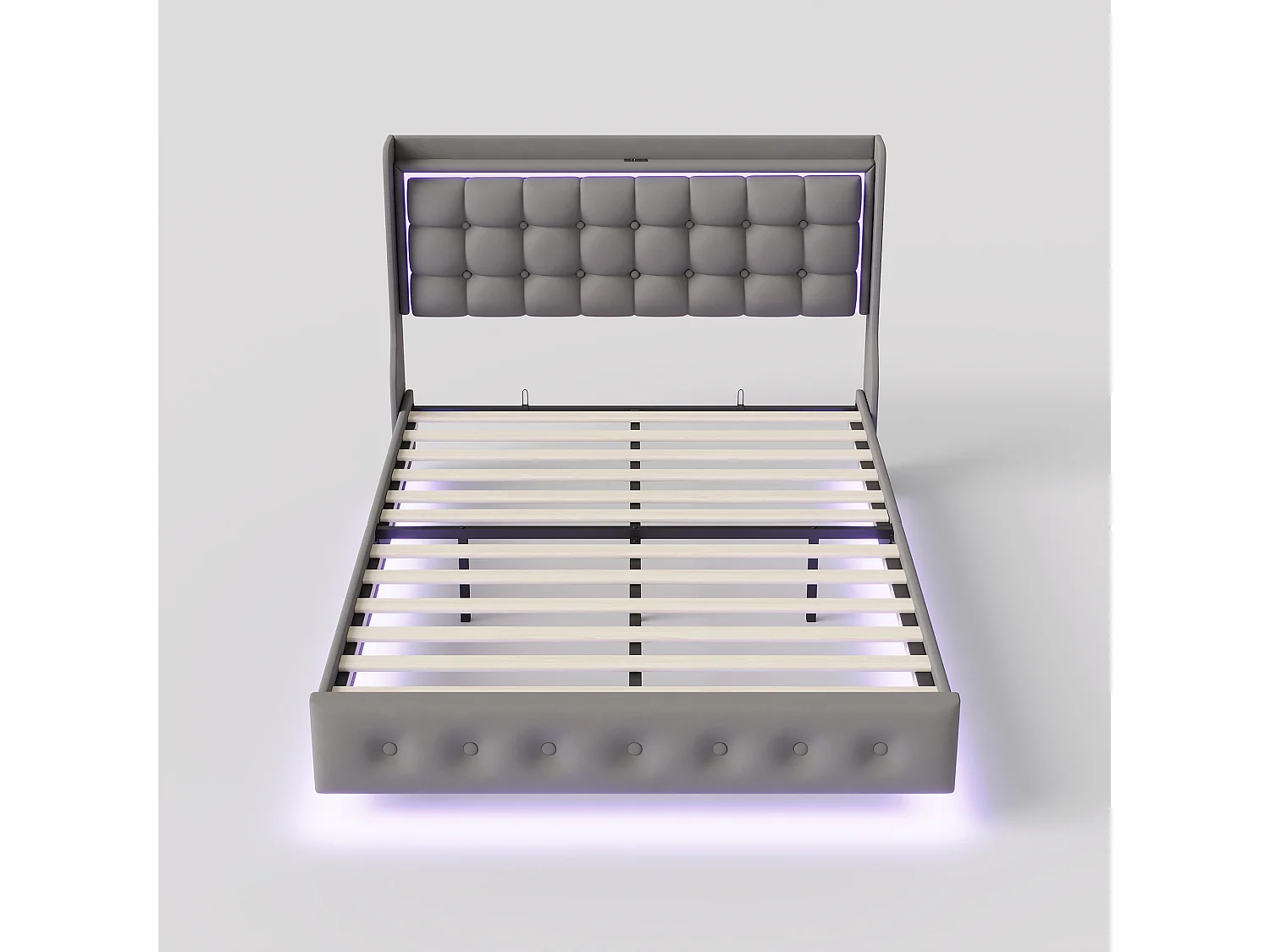 Lit Double 140x200 cm, Cadre de Lit adulte, Cadre Flottant avec LED et Ports USB, Tête de lit Rembourrée avec Espace de Rangement Ouvert, Gris
