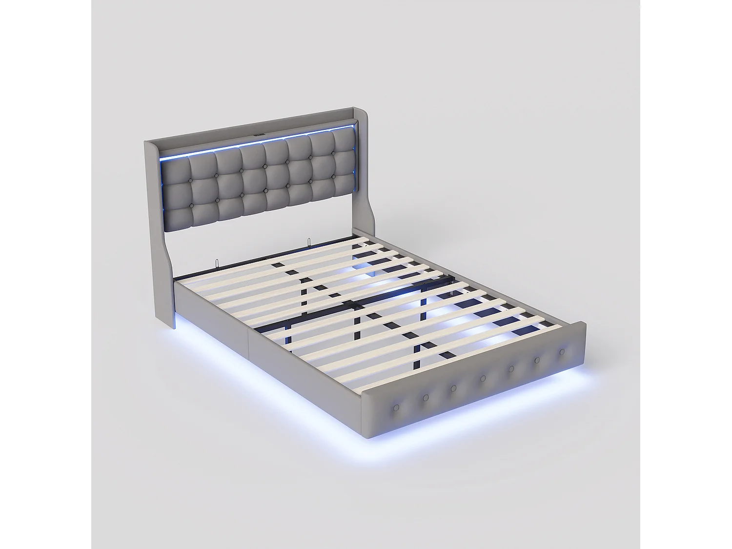 Lit Double 140x200 cm, Cadre de Lit adulte, Cadre Flottant avec LED et Ports USB, Tête de lit Rembourrée avec Espace de Rangement Ouvert, Gris
