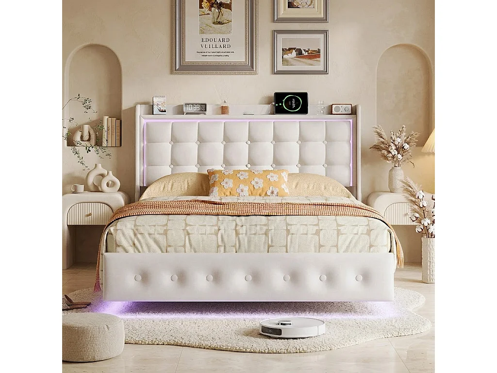 Lit Double 160x200 cm, Cadre de Lit adulte, Cadre Flottant avec LED et Ports USB, Tête de lit Rembourrée avec Espace de Rangement Ouvert, Blanc