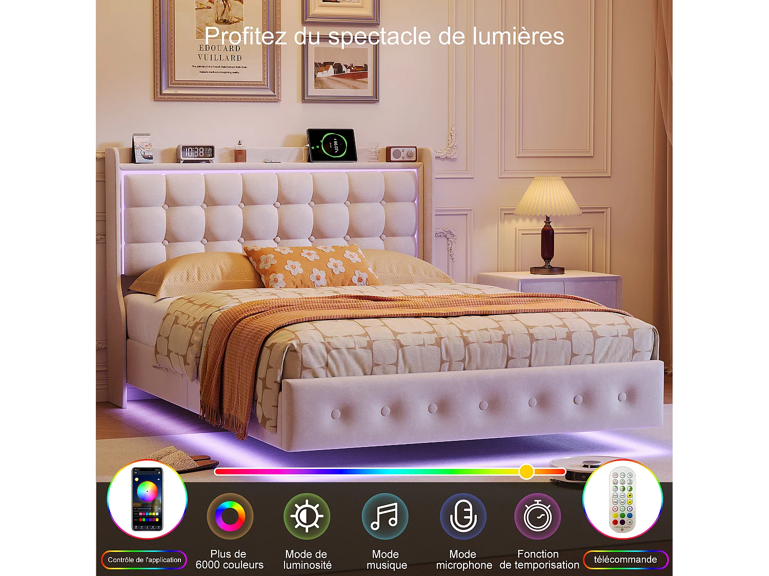 Lit Double 160x200 cm, Cadre de Lit adulte, Cadre Flottant avec LED et Ports USB, Tête de lit Rembourrée avec Espace de Rangement Ouvert, Blanc