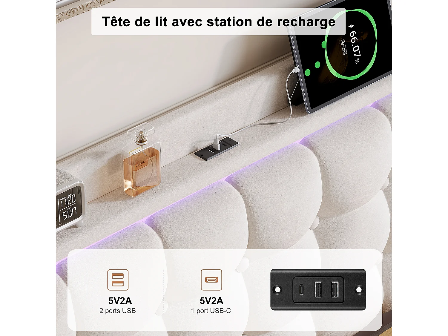 Lit Double 160x200 cm, Cadre de Lit adulte, Cadre Flottant avec LED et Ports USB, Tête de lit Rembourrée avec Espace de Rangement Ouvert, Blanc