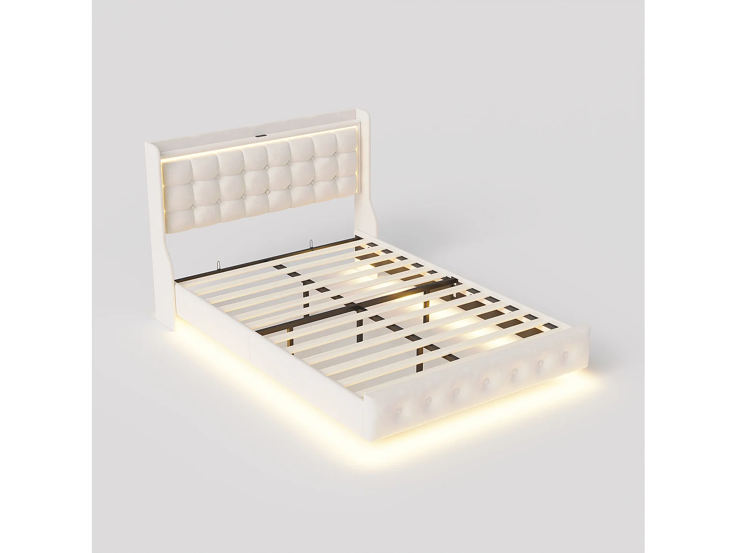 Lit Double 160x200 cm, Cadre de Lit adulte, Cadre Flottant avec LED et Ports USB, Tête de lit Rembourrée avec Espace de Rangement Ouvert, Blanc
