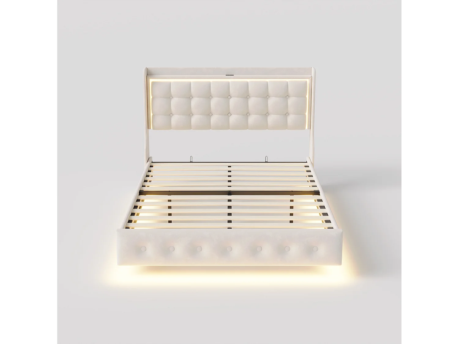 Lit Double 160x200 cm, Cadre de Lit adulte, Cadre Flottant avec LED et Ports USB, Tête de lit Rembourrée avec Espace de Rangement Ouvert, Blanc