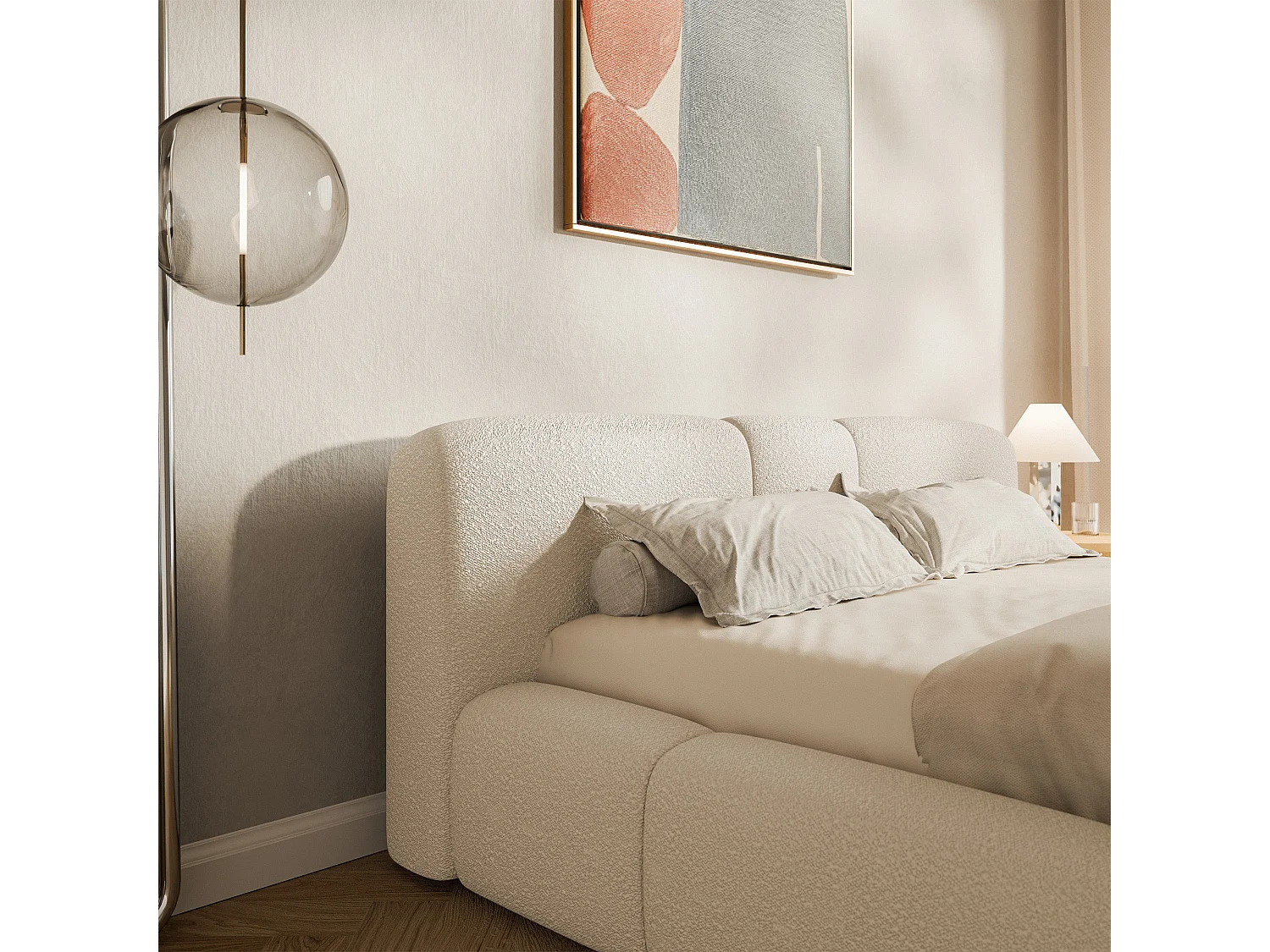 Polsterbett 180x200 cm – Bettkasten – Bouclé Hellbeige – BOWIA
