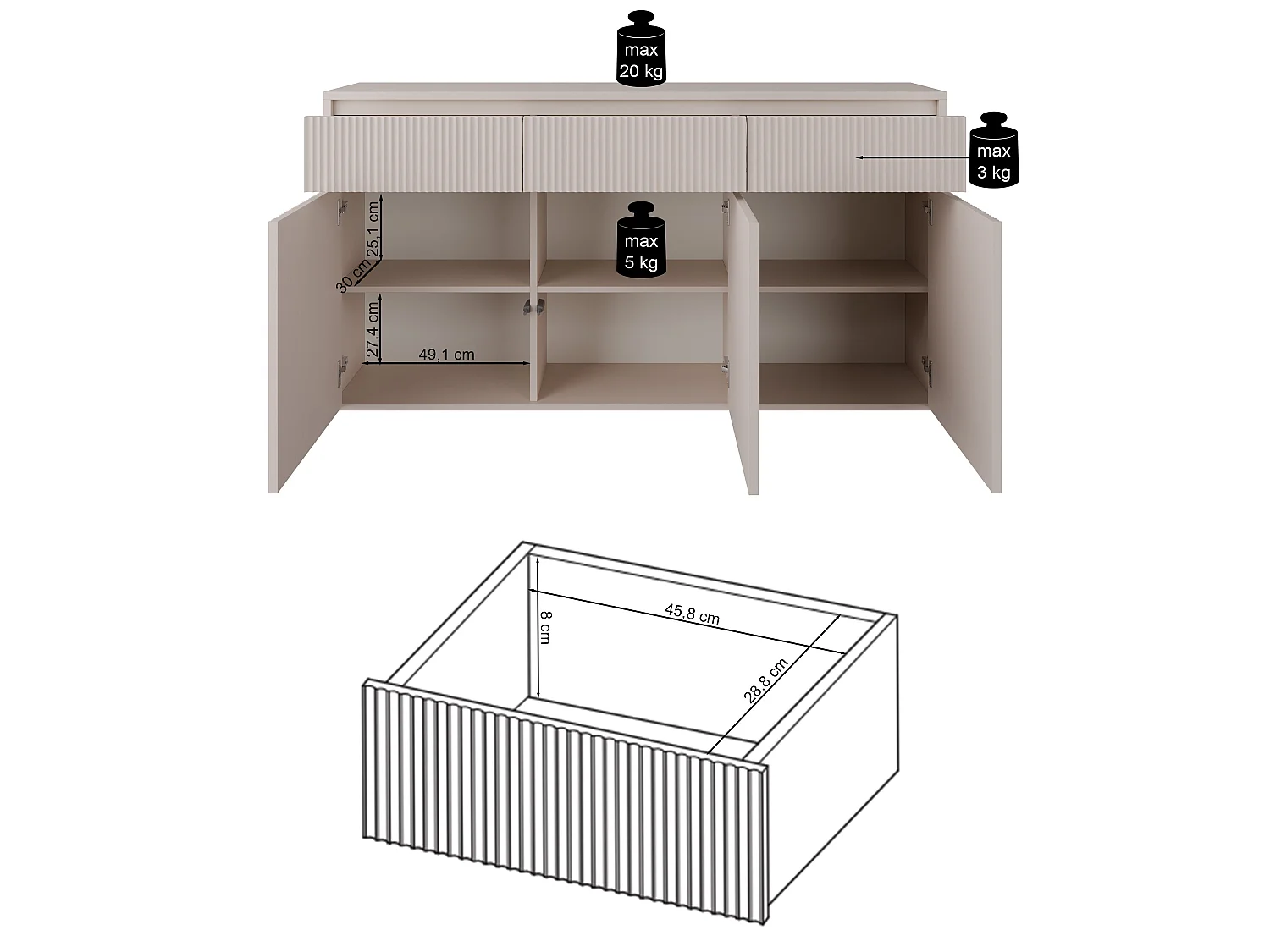 Dressoir 3-deurs – 3 laden – Kasjmier– 155 cm – VEMMMI