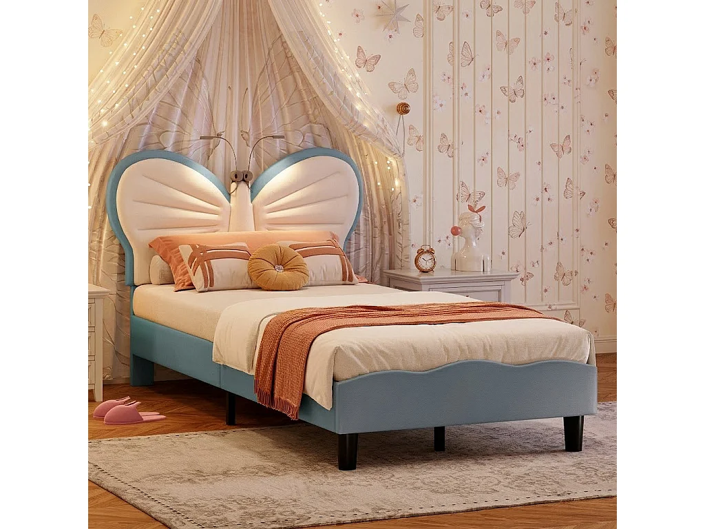 Lit Enfant 90x190 cm, Lit Simple Rembourré avec Tête de Lits Réglable en Hauteur en Forme de Papillon et Liseuse, Sommier à Lattes, Velours+PU