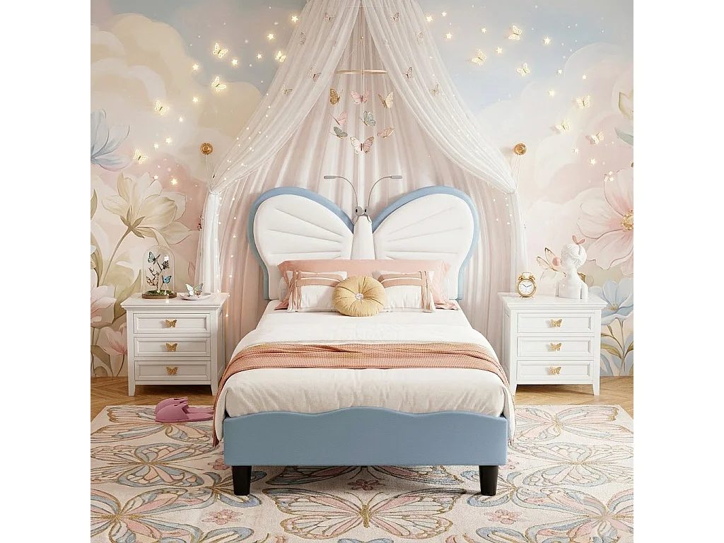 Lit Enfant 90x190 cm, Lit Simple Rembourré avec Tête de Lits Réglable en Hauteur en Forme de Papillon et Liseuse, Sommier à Lattes, Velours+PU