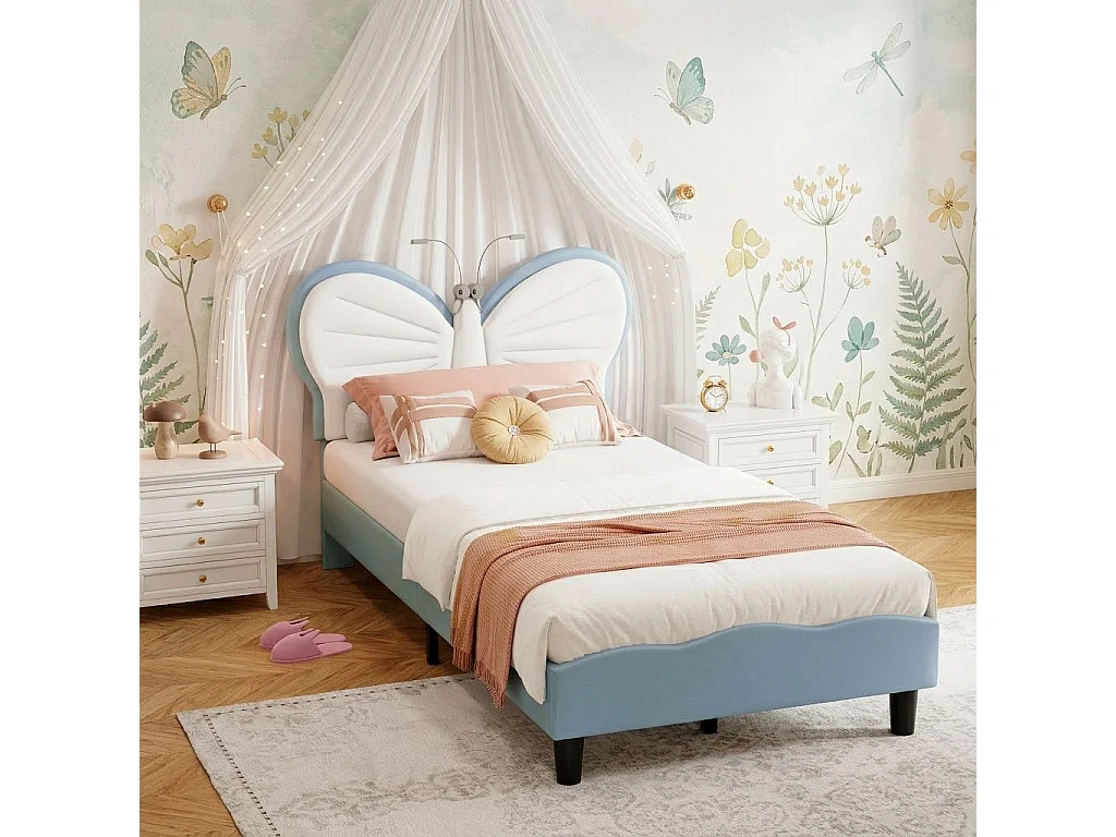 Lit Enfant 90x190 cm, Lit Simple Rembourré avec Tête de Lits Réglable en Hauteur en Forme de Papillon et Liseuse, Sommier à Lattes, Velours+PU