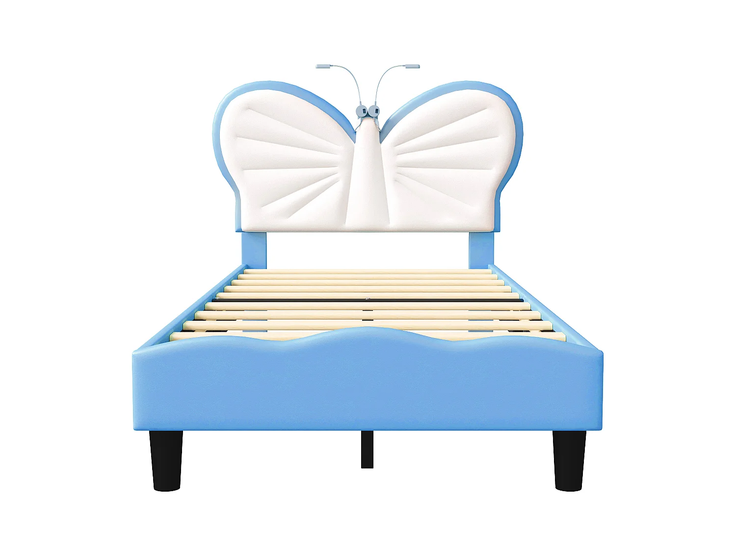 Lit Enfant 90x190 cm, Lit Simple Rembourré avec Tête de Lits Réglable en Hauteur en Forme de Papillon et Liseuse, Sommier à Lattes, Velours+PU