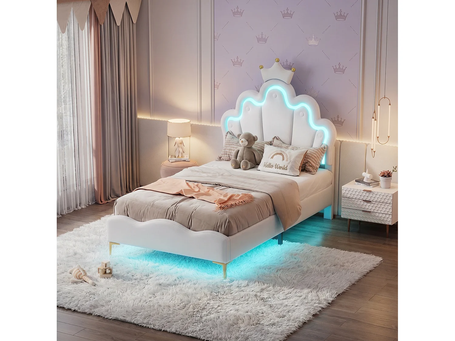 Lit Enfant 90x200 cm avec Sommier et LED, Lit Fille 90x200 avec Tête de Lit Réglable en Hauteur, Lit Princesse, Lit Simple,PU Blanc