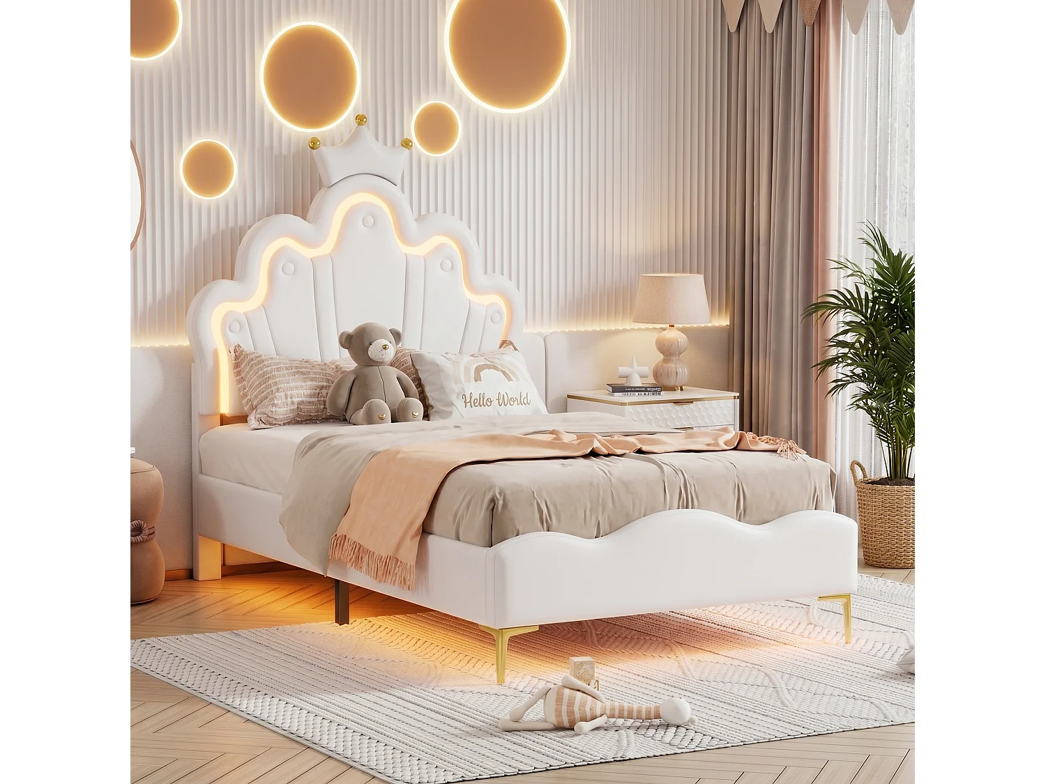 Lit Enfant 90x200 cm avec Sommier et LED, Lit Fille 90x200 avec Tête de Lit Réglable en Hauteur, Lit Princesse, Lit Simple,PU Blanc