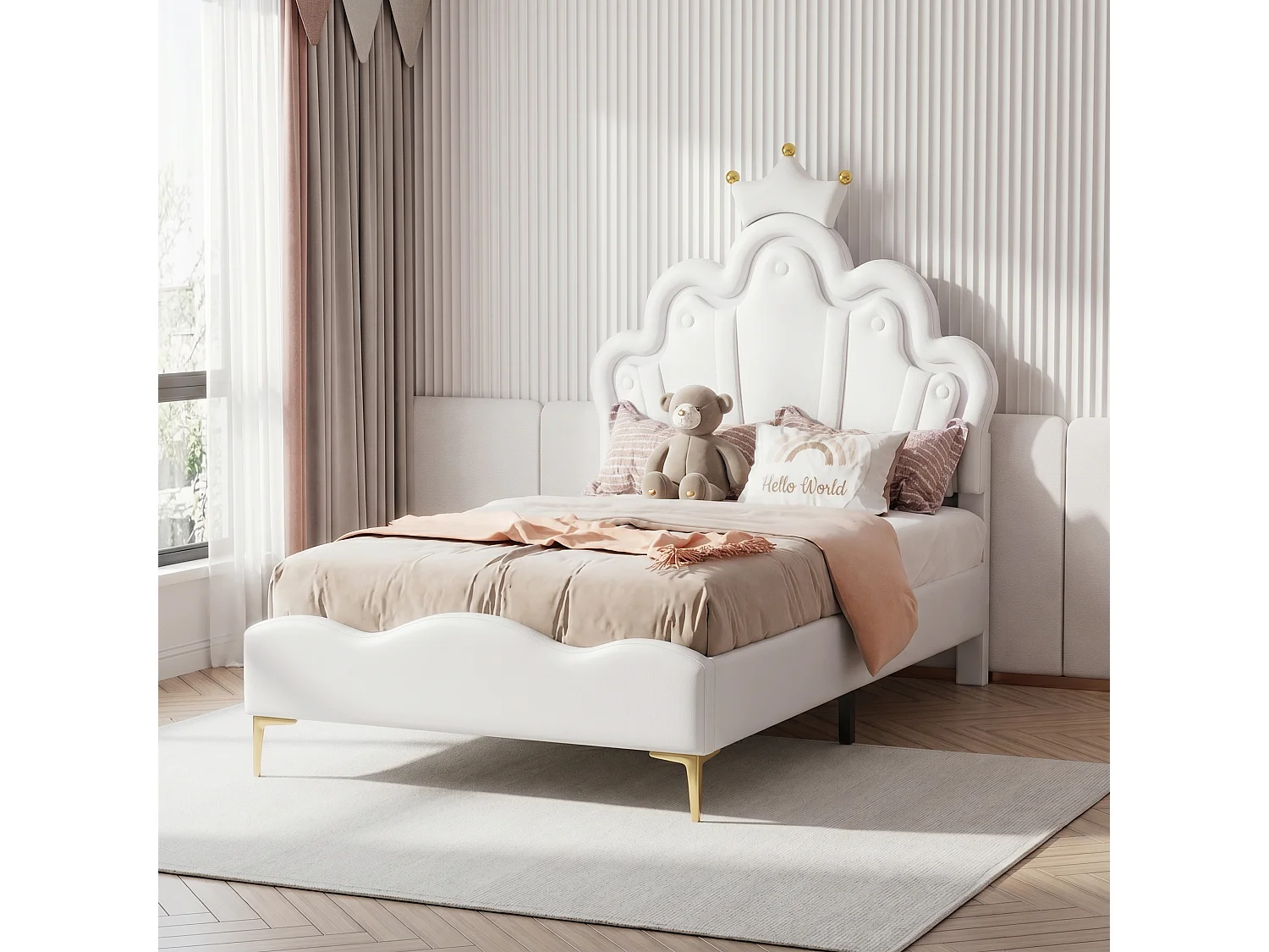 Lit Enfant 90x200 cm avec Sommier et LED, Lit Fille 90x200 avec Tête de Lit Réglable en Hauteur, Lit Princesse, Lit Simple,PU Blanc