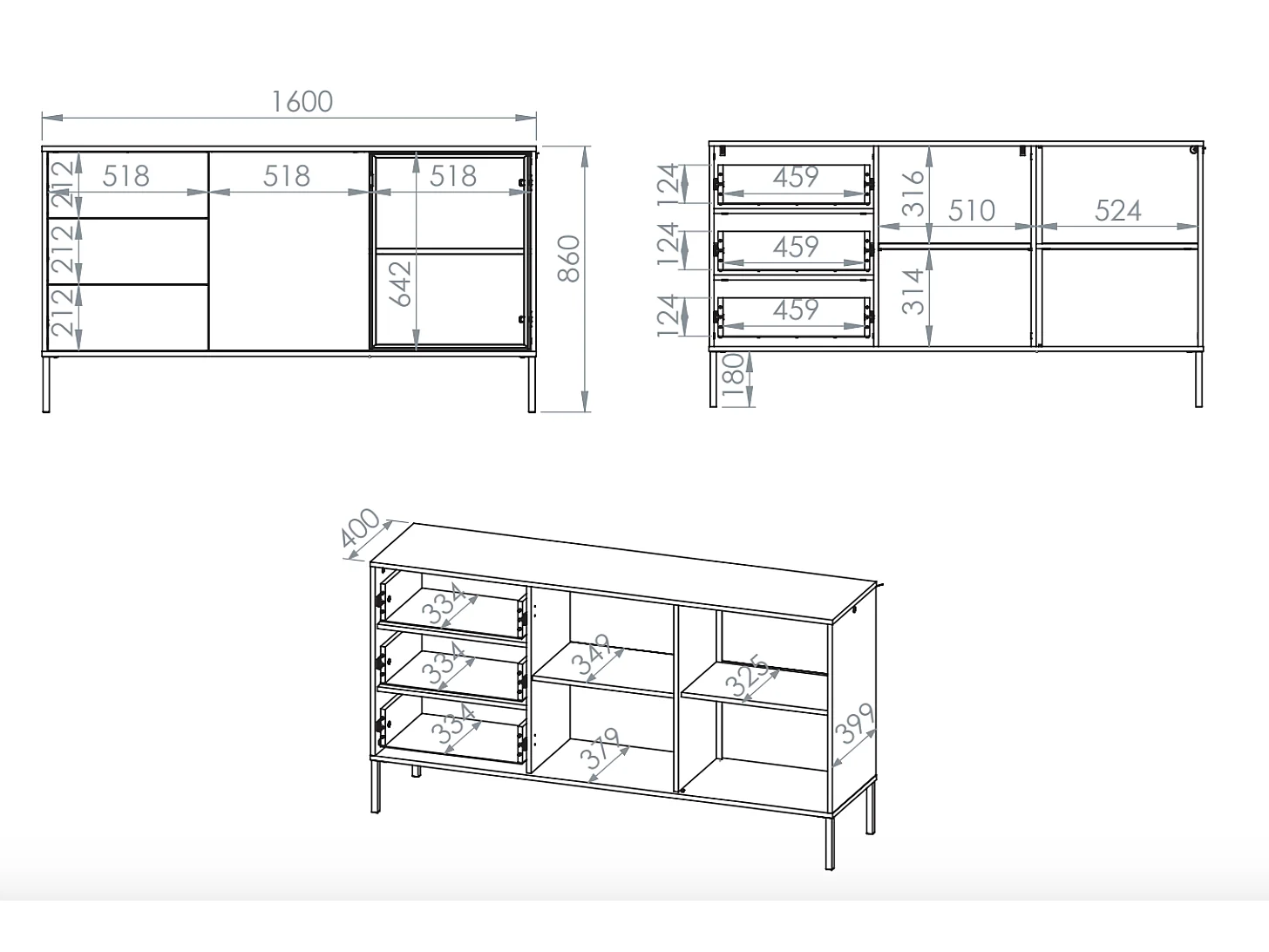 Dressoir 2-deurs - 2 lades - Kasjmier - 160 cm - BARNEE