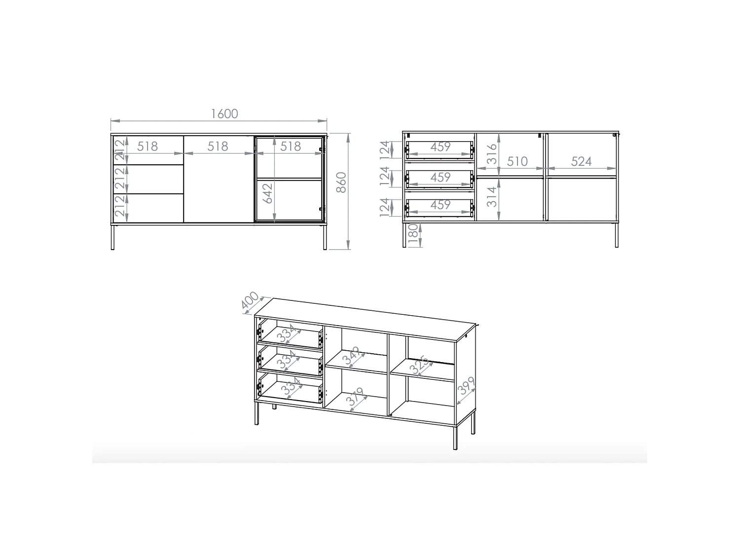 Buffet 2 portes avec LED – 3 titoirs – Gris cachemire – 160 cm – BARNEE