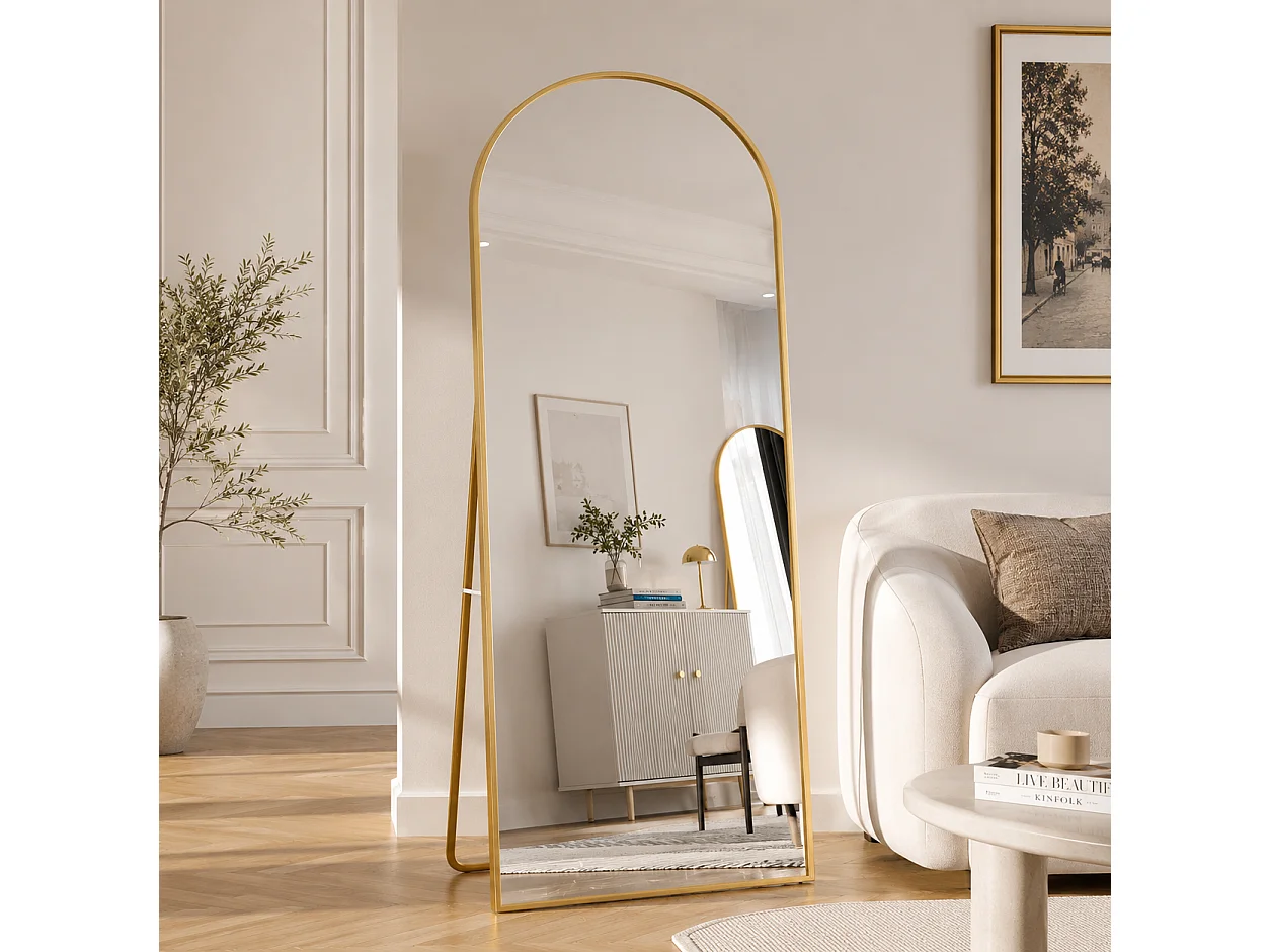 Miroir Complet Bombé 180x80 cm - sur Pied, à Suspendre ou Appuyé - pour Chambre à Coucher et Dressing - Cadre en Aluminium, Doré