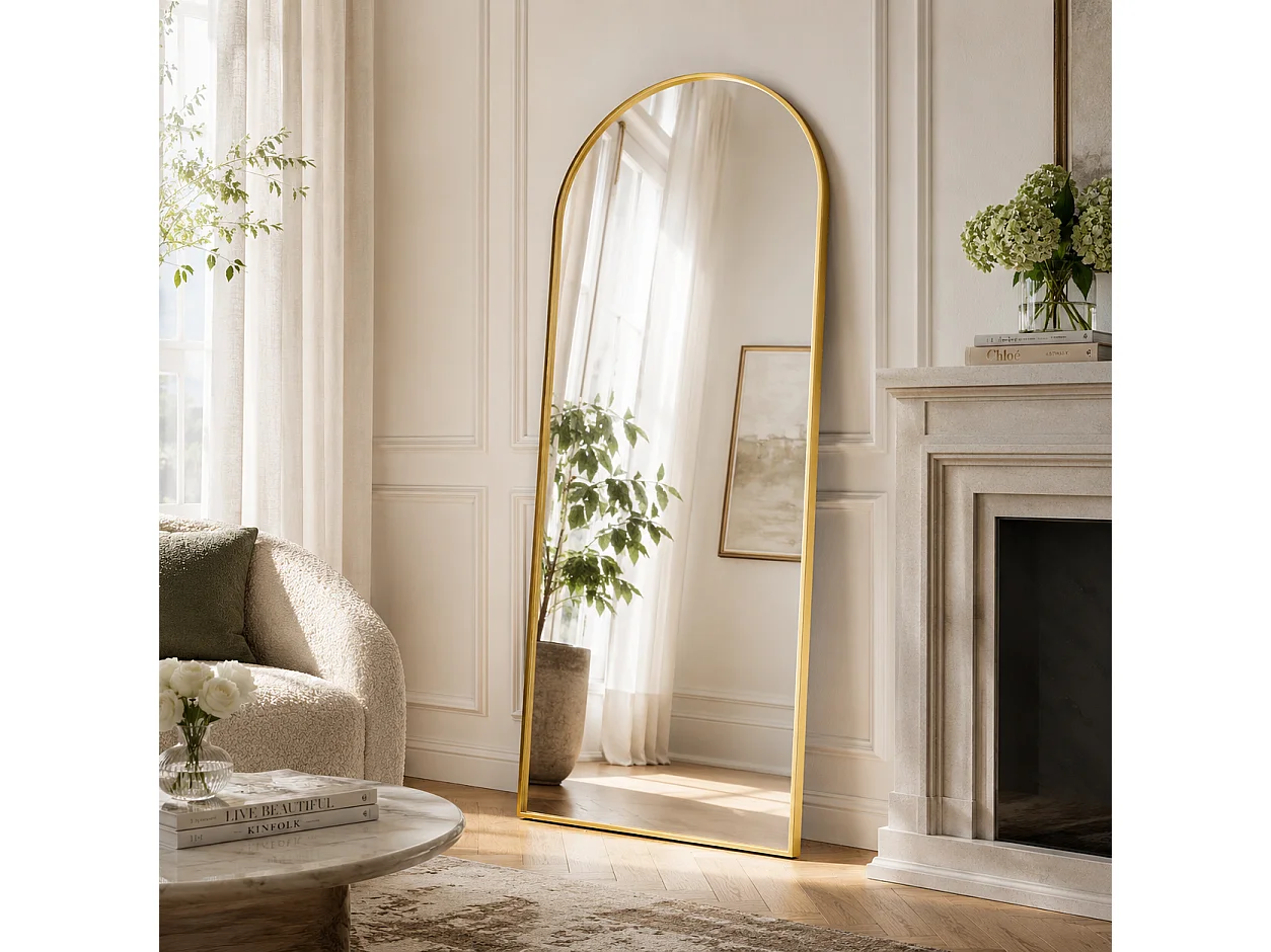 Miroir Complet Bombé 180x80 cm - sur Pied, à Suspendre ou Appuyé - pour Chambre à Coucher et Dressing - Cadre en Aluminium, Doré