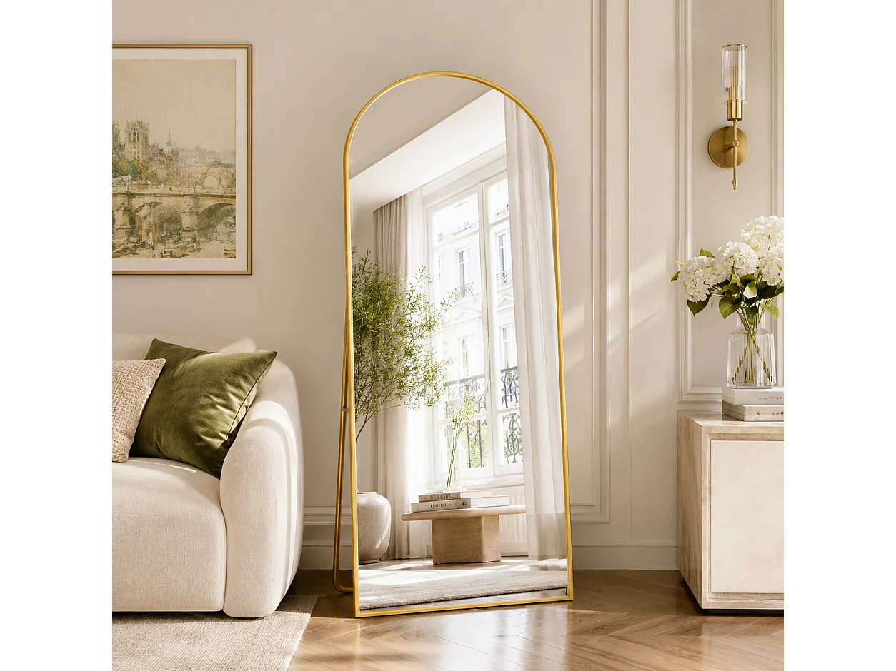Miroir Complet Bombé 180x80 cm - sur Pied, à Suspendre ou Appuyé - pour Chambre à Coucher et Dressing - Cadre en Aluminium, Doré