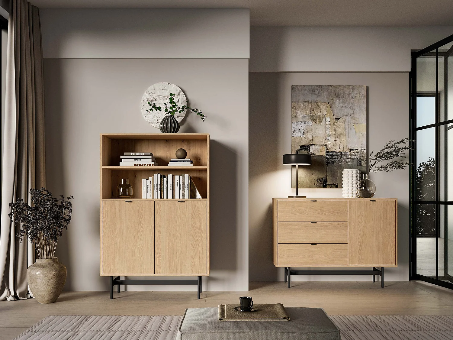 Boekenkast met 2 deuren en 2 nissen – eiken mavelie – HEGGERS