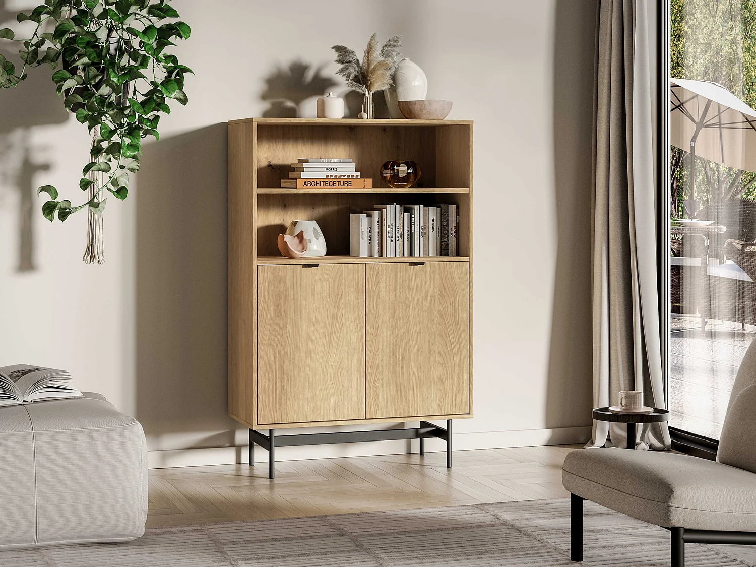 Boekenkast met 2 deuren en 2 nissen – eiken mavelie – HEGGERS